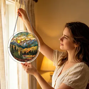Suspension en acrylique motif paysage de montagne et soleil pour décoration de fenêtres