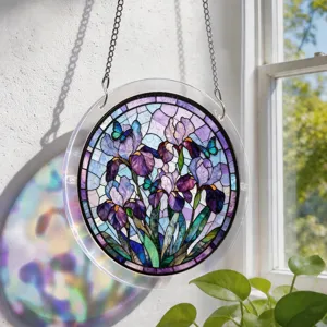 Stained glass style acrylic suncatcher detail featuring vibrant purple irises and butterflies.