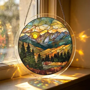 Bel attrape-soleil suspendu en acrylique style vitrail paysage rond pour fenêtre.