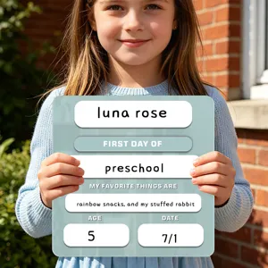 Acryl terug naar school bord detailshot, aanpasbaar handgeschreven bord voor kinderfoto.