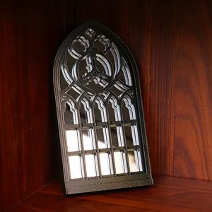 Gothic arched window mirror for home decor, black 3D printed decorative tabletop ornament.