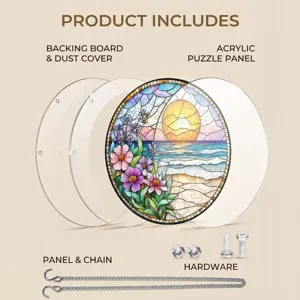 Détail du pendentif puzzle en acrylique avec panneau, support et chaîne de suspension.