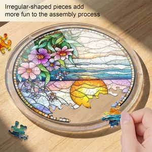 Puzzle en acrylique rond attrape soleil avec beau design de coucher de soleil floral detail