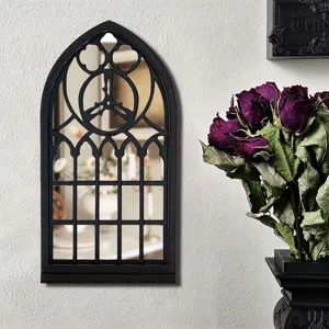 Gothic arched window wall mirror in black, vintage church window design for home wall decor.