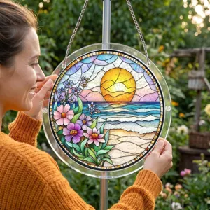 Attrape-soleil puzzle en acrylique rond, coucher de soleil plage vitrail déco suspendue.