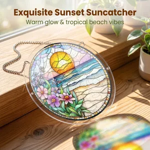 Attrape-soleil en acrylique motif plage et coucher de soleil pour décoration de fenêtre.