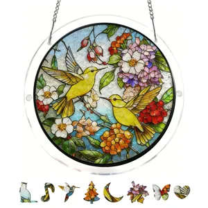 Detail view of the stained glass hummingbird acrylic suncatcher with colorful floral puzzle pieces.