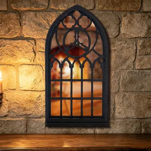 Gothic window wall mirror, black arched decorative mirror for antique home wall decor.