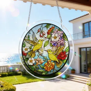Acrylic hummingbird suncatcher round hanging ornament for window garden home decor.