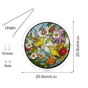 Stained glass style acrylic hummingbird suncatcher window hanging with chain and screws.