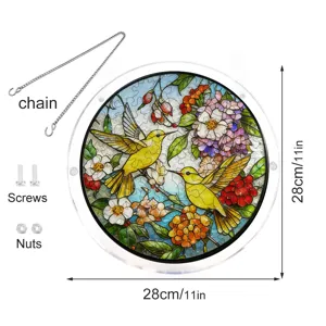 Detailed view of round acrylic puzzle suncatcher pendant with hummingbirds flowers and chain 28cm