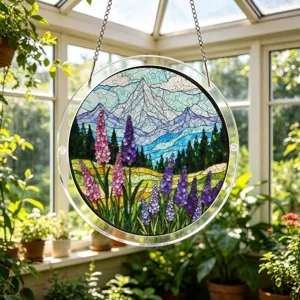 Décoration suspendue attrape-soleil en verre teinté acrylique rond avec paysage de montagne.