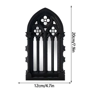 Gothic arch window mirror detail view showing size, decorative black wall ornament.