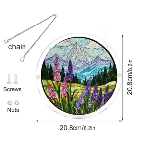Ornement suspendu attrape-soleil en acrylique rond avec paysage de montagne et de fleurs.