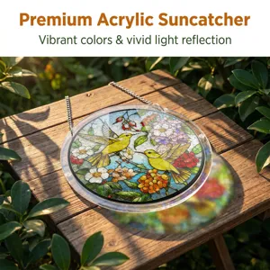 Acrylic suncatcher window hanging with vibrant hummingbirds and floral stained glass design.