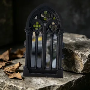 Gothic arch window mirror detail shot, black decorative wall art ornament for vintage room decor.