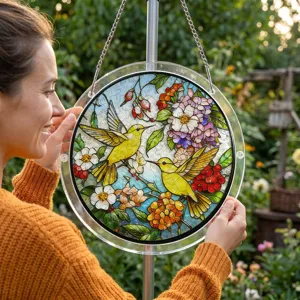 Acrylic sun catcher detail shot featuring a vibrant hummingbird and floral puzzle design outdoors.