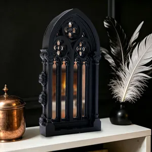 3D gothic arch window mirror detail, black decorative tabletop mirror for vintage home decor.