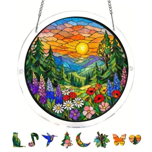 Stained Glass Acrylic Suncatcher Window Hanging Nature Landscape Art Ornament with Animal Pendants