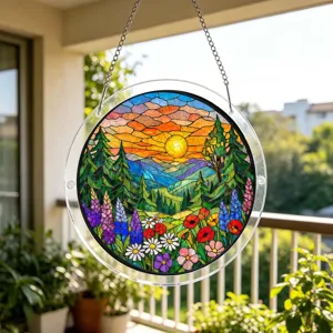 Stained glass style acrylic suncatcher window hanging with beautiful sunset landscape.