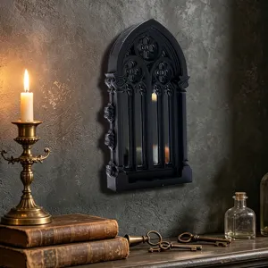 Gothic fake window mirror wall decor, dark vintage arched mirror ornament for home interior design.
