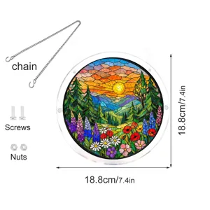 Acrylic stained glass window suncatcher with chain screws, landscape sunset floral design 18.8cm