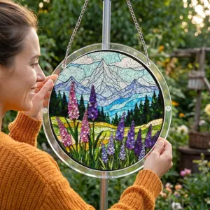 Détail de la suspension en acrylique colorée avec motif de montagnes et fleurs style vitrail.