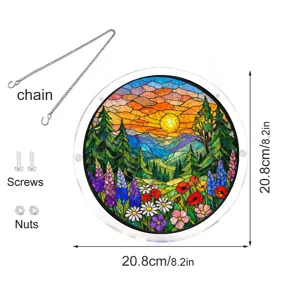 Acrylic sunset forest stained glass suncatcher window hanging with chain and screws 20.8cm