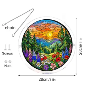 Round acrylic stained glass suncatcher window hanging with sunset forest design, 28cm/11in size.