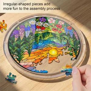 Round acrylic stained glass puzzle with beautiful sunset and floral landscape design.