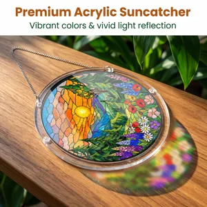 Acrylic suncatcher hanging detail, vibrant stained glass sunset and floral design for window decor.
