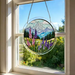 Attrape-soleil puzzle acrylique pour fenetre avec beau motif de montagne et de fleurs.