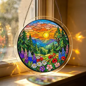 Acrylic suncatcher window hanging detail view, colorful stained glass landscape design.