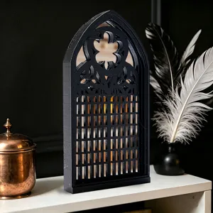 Gothic arch window mirror ornament, vintage black decorative mirror for home wall decor and display.