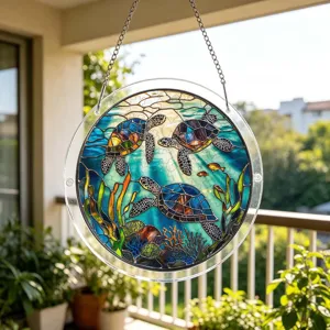 Magnifique plaque suspendue attrape-soleil en acrylique tortue de mer style vitrail.