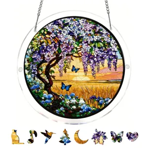 Acrylic suncatcher puzzle window hanging with vibrant wisteria landscape and cute shaped pieces.
