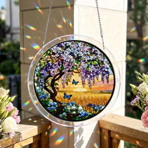 Stained glass style acrylic suncatcher window hanging with beautiful tree and butterfly design.