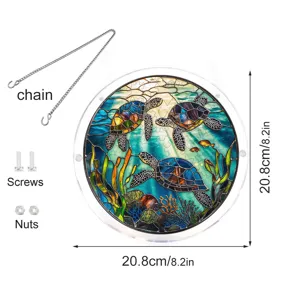 Vue détaillée de l'ornement suspendu de puzzle en acrylique rond avec tortues de mer et vis.