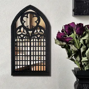 Gothic arch window mirror black decorative wall mirror for home decor, vintage gothic style.