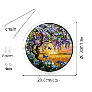 Round acrylic sun catcher puzzle detail showing hanging chain and size dimensions.