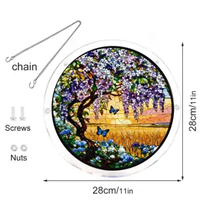 Round acrylic suncatcher window hanging with wisteria tree and butterfly design, 28cm size.
