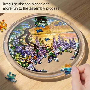 Acrylic puzzle detail showing vibrant stained glass design with flowers and blue butterflies.