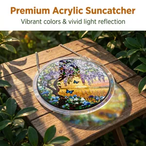 Premium acrylic suncatcher featuring vibrant stained glass wisteria and butterfly design.