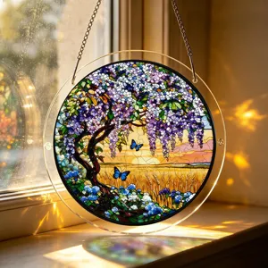 Acrylic suncatcher window hanging stained glass style wisteria and butterfly home decor.