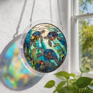 Suspension ronde en acrylique façon vitrail avec motif de tortue de mer pour décoration.