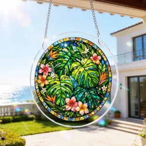 Acrylic tropical monstera suncatcher hanging decoration window ornament for home decor.