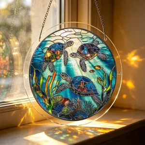 Pendentif attrape-soleil rond en acrylique avec motif de tortue de mer et corail pour fenêtres.