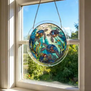 Gros plan détaillé du capteur de soleil en acrylique tortue de mer suspendu à la fenêtre.