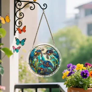 Pendentif attrape-soleil tortue de mer en acrylique, détail déco style vitrail suspendu.
