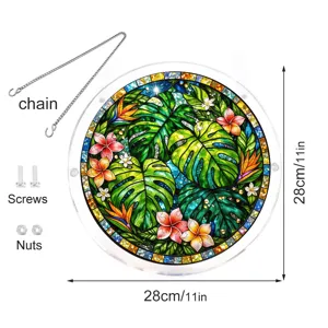 Acrylic stained glass suncatcher with monstera leaves pattern, 28cm diameter with chain and screws.